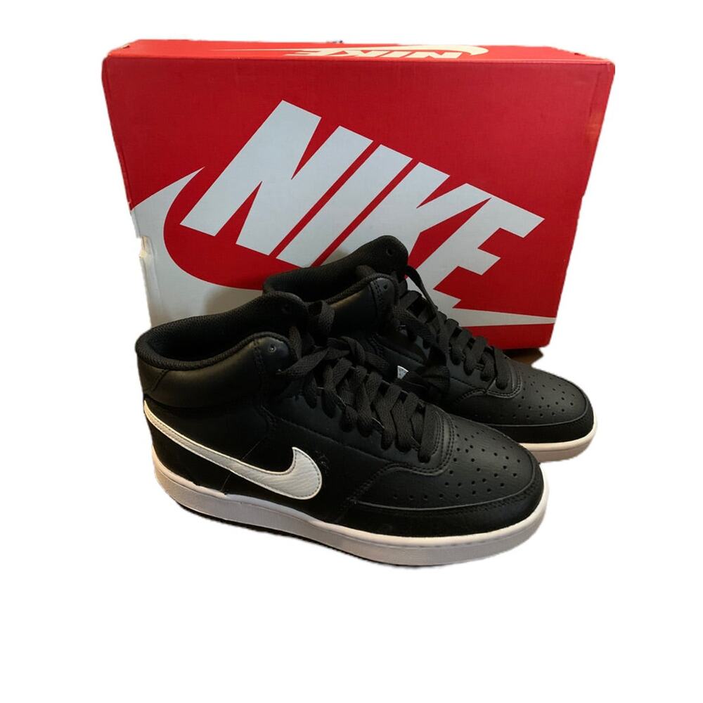 7M Nike Womens Court Vision Black White Leather Mid Sneaker New CD5436-001